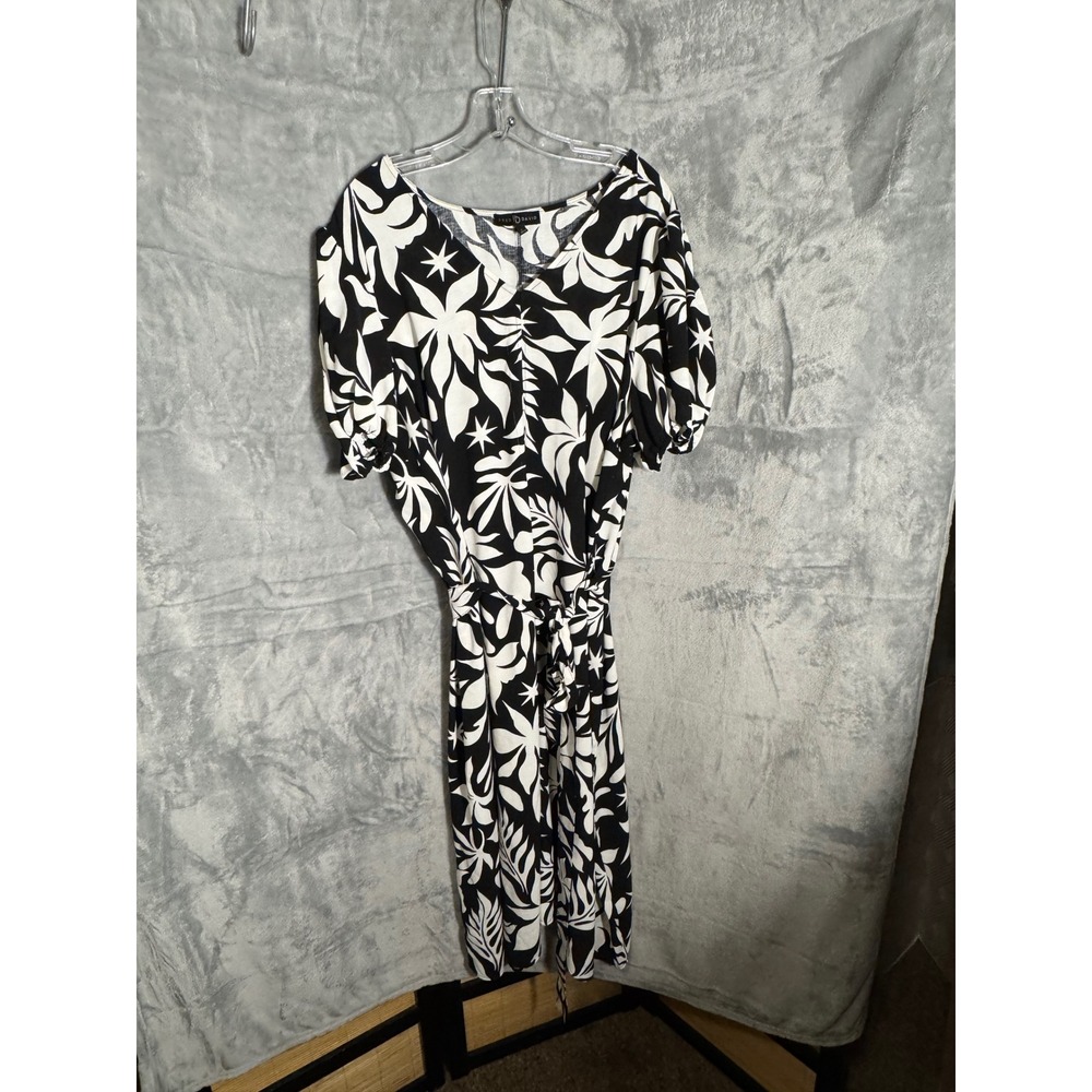 Fred David Black White Tropical Leaf Print Midi Dress Size 3X Tie Waist